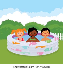 Stock Vector cartoon illustration of a group of children in an inflatable pool