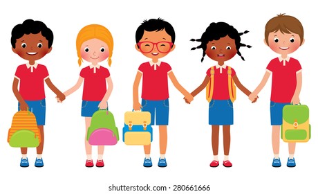 Stock Vector cartoon illustration of a group of children students in school uniforms/Group of children students in school uniforms/Stock Vector cartoon illustration
