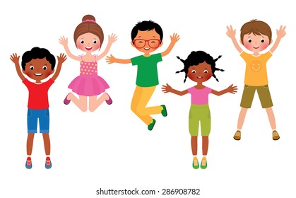 Stock Vector cartoon illustration of a group of happy children jumping isolated on white background/Group of happy jumping children isolated on white background/Stock Vector cartoon illustration