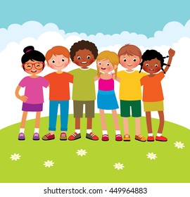 Stock Vector cartoon illustration of a group of different ethnic happy children boys and girls outdoors