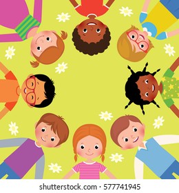 Stock Vector cartoon illustration large group of friends happy children lying on the grass