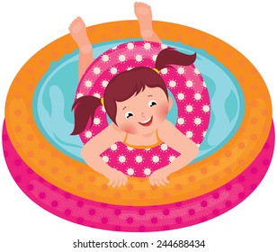 Stock Vector cartoon illustration of a little girl splashing in the summer inflatable pool.