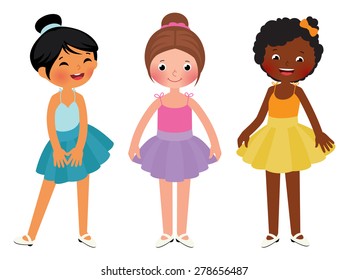 Stock Vector cartoon illustration of little girls different ethnic dancer/Little girls different ethnic dancer/Stock Vector cartoon illustration