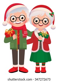 Stock Vector cartoon illustration of an older married couple with Christmas gifts isolated on white background/Senior married couple with Christmas gifts/Stock Vector cartoon illustration