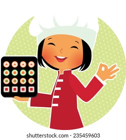 Stock Vector cartoon illustration of a smiling chef holding a plate with sushi/Cartoon sushi chef/Stock Vector cartoon illustration