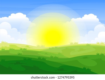 stock vector cartoon illustration of summer landscape with fields and green hills. countryside view living concept graphic illustration. cartoon nature concept