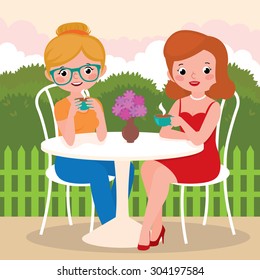 Stock Vector cartoon illustration of a tea party girl friends outdoors/Girls friends in an outdoor cafe/Stock Vector cartoon illustration