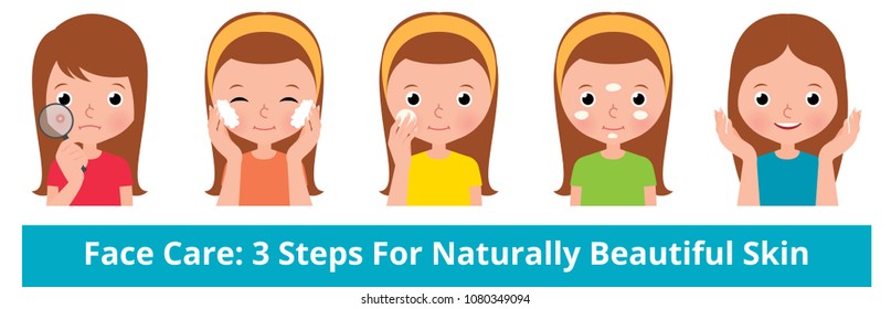 Stock vector cartoon illustration young woman taking care of her face skin in three beauty steps
