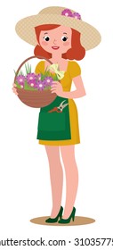 Stock Vector cartoon illustration of a young woman florist or gardener with a basket full of flowers isolated on a white background