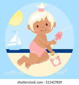 Stock vector. Cartoon. Little girl playing with sand on the beach. Pail, shovel. In the background the ship.