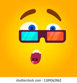 Stock vector cartoon monster face vector halloween shocked monster in 3d cinema glasses square avatar design for t-shirt