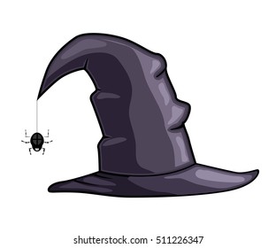Stock Vector Cartoon witch hat with a spider on a web on a white background