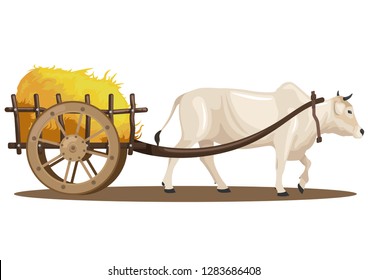 stock vector a cattle pull full of hay in the wooden cart graphic object illustration. traditional transportation cartoon nature concept