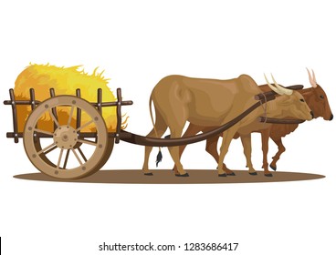 stock vector a cattle pull full of hay in the wooden cart. traditional transportation cartoon nature concept