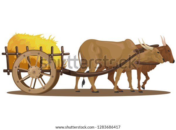 stock vector a
cattle pull full of hay in the wooden cart. traditional
transportation cartoon nature
concept