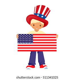 Stock vector. The celebration of American independence Day 4th July. Happy boy holding a flag. Cartoon.
