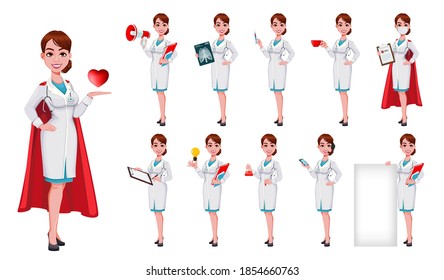 Stock vector cheerful doctor cartoon character, set of eleven poses. Beautiful young woman doctor. Vector illustration