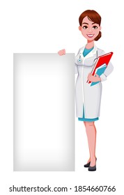 Stock vector cheerful doctor cartoon character. Beautiful young woman doctor standing near blank placard. Vector illustration