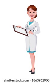 Stock vector cheerful doctor cartoon character. Beautiful young woman doctor holding clipboard. Vector illustration