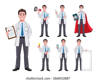 Stock vector cheerful doctor cartoon character, set of seven poses. Handsome male doctor. Vector illustration