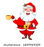 Stock vector cheerful Santa Claus having a coffee break. Merry Christmas and Happy New Year. Smiling Santa cartoon character. Vector illustration