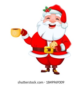 Stock vector cheerful Santa Claus having a coffee break. Merry Christmas and Happy New Year. Smiling Santa cartoon character. Vector illustration