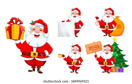 Stock vector cheerful Santa Claus, set of five poses. Merry Christmas and Happy New Year. Smiling Santa cartoon character. Vector illustration