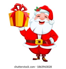 Stock vector cheerful Santa Claus holding gift box. Merry Christmas and Happy New Year. Smiling Santa cartoon character. Vector illustration