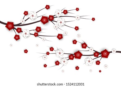 stock vector cherry branch with red and white flowers docerative for chinese new year