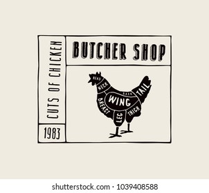 Stock vector chicken cuts diagram in the style of handmade graphics. Label template for butcher shop. White print on black background