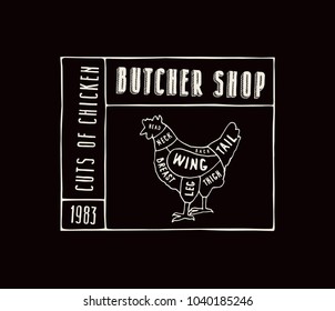 Stock vector chicken cuts diagram in the style of handmade graphics. Label template for butcher shop. White print on black background