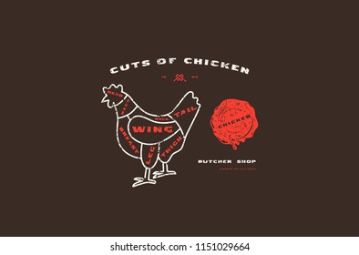 Stock vector chicken cuts diagram in thin line style. Design with rough texture. Color print on black background