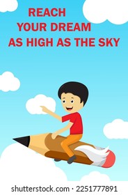 Einfaches Plakatdesign mit Wolke, Kind, Himmel, fliegenden Bleistiftelementen.