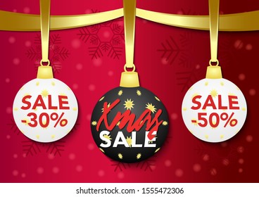 stock vector christmas balls on red background. special offer vector tag. New year holiday card template. Shop market poster design.