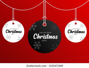 stock vector christmas balls on red background. special offer vector tag. New year holiday card template. Shop market poster design.