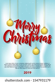 stock vector of christmas banner with gold balls in blue sky background. describe christmas poster, greeting cards, header, website. vector illustration background