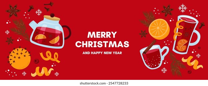 Stock vector christmas banner. Mulled wine, orange, spices on red background.