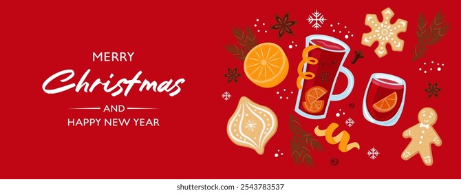 Stock vector Christmas banner template. Mulled wine, gingerbread cookie, orange, spices on red background.