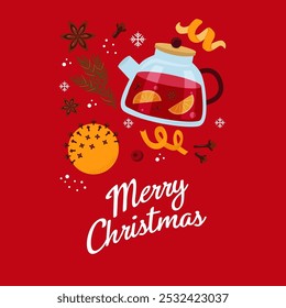 Stock vector Christmas card. Mulled wine, orange, spices, teapot on red background.