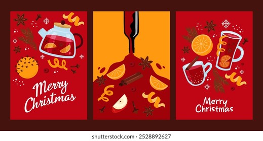 Stock vector christmas card set. Mulled wine, orange, spices, bottle of wine on red background.