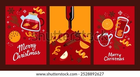 Stock vector christmas card set. Mulled wine, orange, spices, bottle of wine on red background.