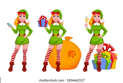 Stock vector Christmas lady elf cartoon character, set of three poses. Merry Christmas and Happy New Year. Santa helper elf woman. Vector illustration