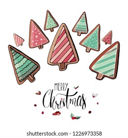 Stock vector christmas tree gingerbreads with different ornaments with snowflakes and greeting merry christmas lettering. Isolated and hand drawn doodle background. Christmas holiday card. 