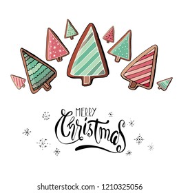 Stock vector christmas tree sweet desserts, cookies and gingerbreads with different ornaments and greeting merry christmas lettering. Isolated and hand drawn doodle background. Christmas festive card.