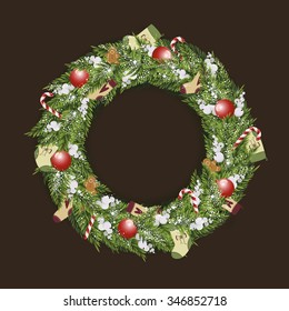 Stock Vector Christmas wreath with lollipops, gingerbread, socks and white berries.Christmas decorations