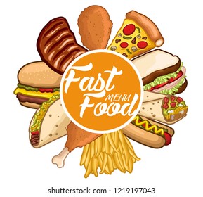 stock vector circle set of fast food menu burger, taco, burritos, sandwich, hotdog, fried chicken, french fries, steak, and pizza objects illustration