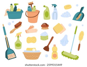 Stock vector cleaning supplies set. Home chemical detergent in bottles. Household tools equipment brush, sponge, gloves, napkins.