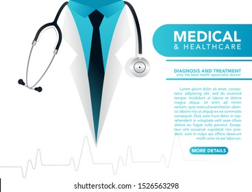 stock vector close up doctor in lab coat with stethoscope. medical and health care concept. vector illustration background.