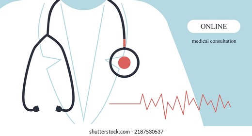 Stock vector close up doctor in lab coat with stethoscope. Online medical consultation. Simple vector. Medical and health care concept. Vector flat illustration background.
