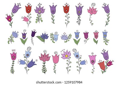 Stock vector collection of bell flower icons.  Isolated and hand drawn vector illustration. Floral design, flower backdrop. Set of abstract flowers. Colorful spring background. Doodle drawings. 